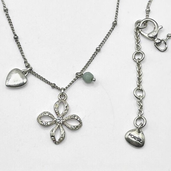 Fossil Necklace Silver Tone Flower Pendant Heart Bead Charm Boho Chic Jewelry - Picture 1 of 8